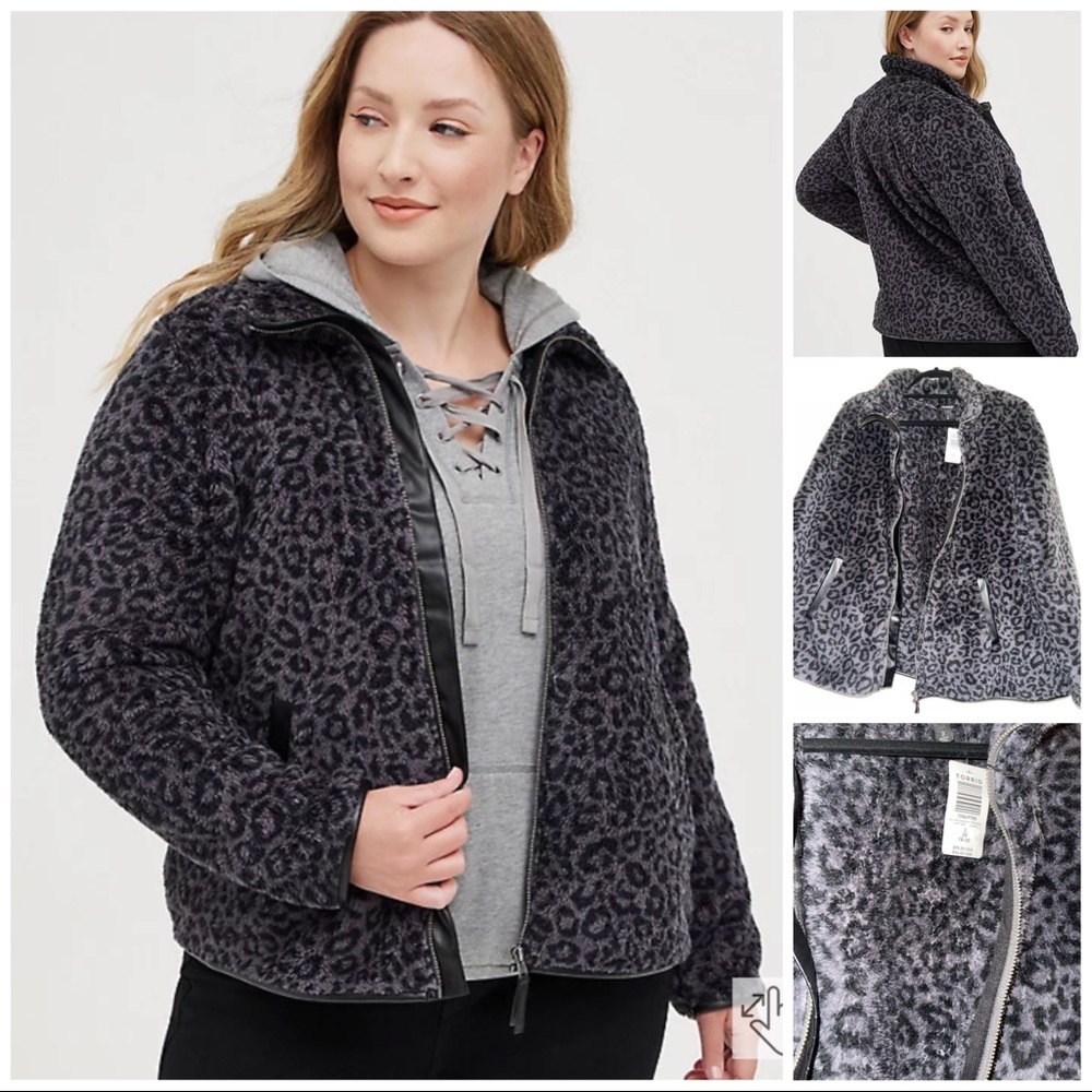 TORRID FAUX SHEARLING GREY LEOPARD PRINT ZIP JACKET